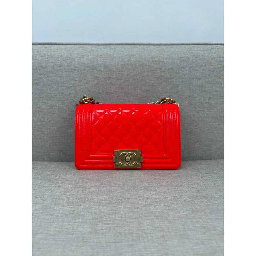 CHANEL Bright Red Patent Le Boy Flap Bag Small GHW